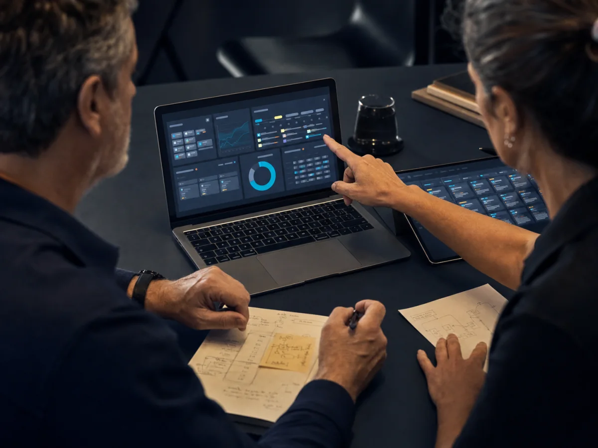 Profissionais analisando juntos um painel de operação em notebook e tablet
