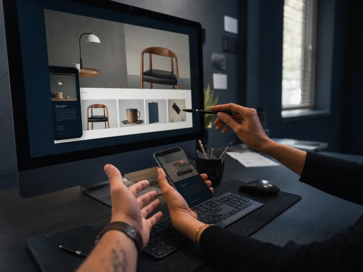 Designer e cliente revisando uma loja virtual responsiva no computador e no celular